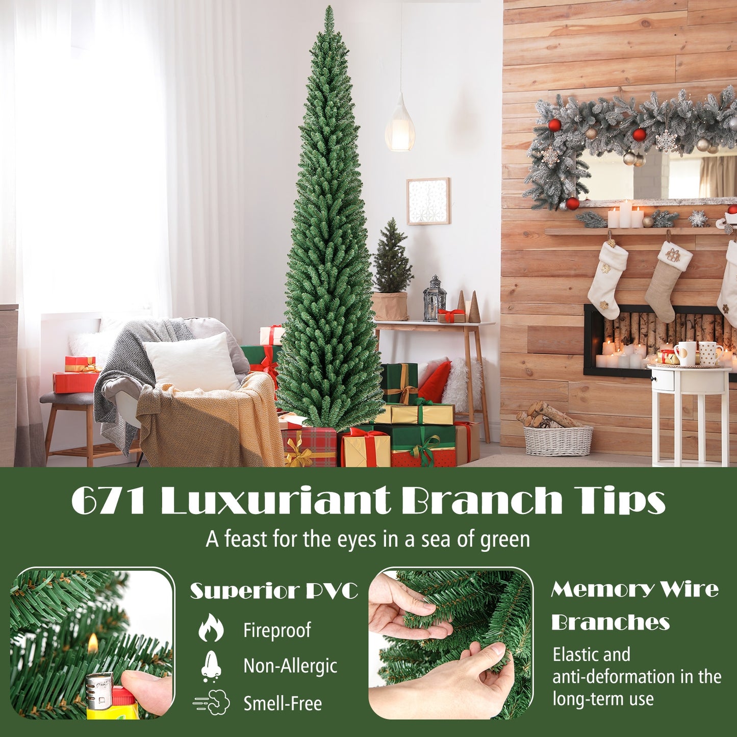 Pencil Christmas Tree With Memory Wire Branch Tips, Warm LED Lights, 8FT, Green Christmas Tree at Gallery Canada