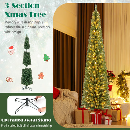 Pencil Christmas Tree With Memory Wire Branch Tips, Warm LED Lights, 8FT, Green Christmas Tree at Gallery Canada