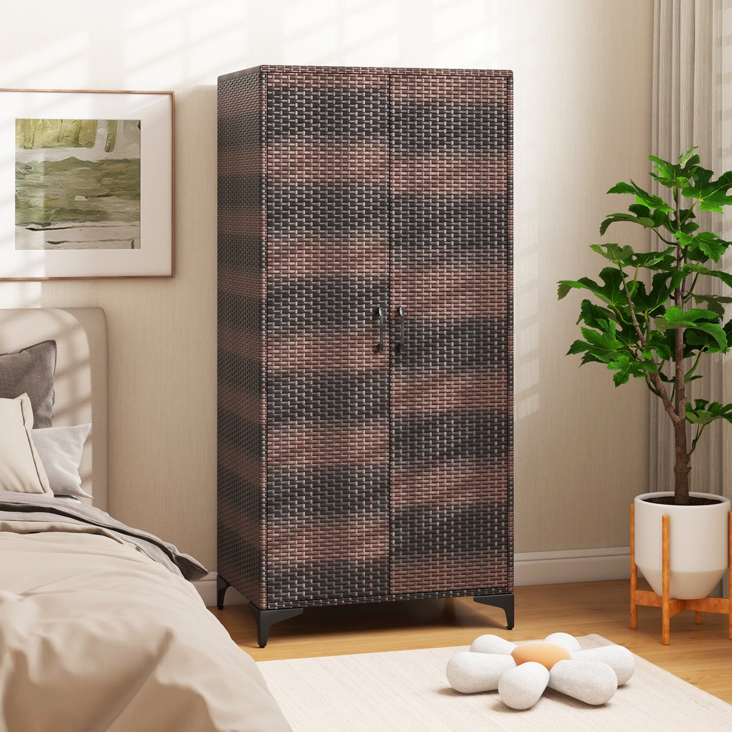 62 Inch Wicker Wardrobe with 2 Doors PE Rattan Closet with Hanging Rod, Brown Armoires & Wardrobes at Gallery Canada