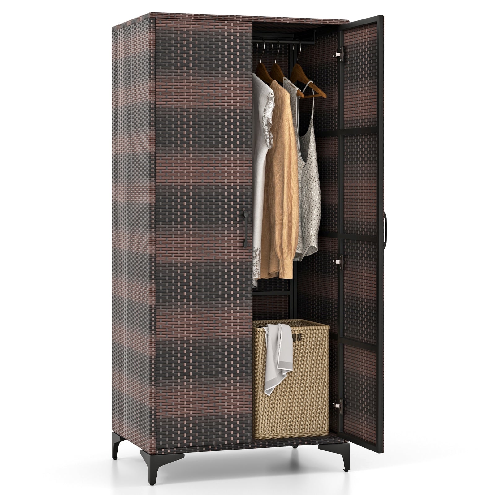 62 Inch Wicker Wardrobe with 2 Doors PE Rattan Closet with Hanging Rod, Brown Armoires & Wardrobes at Gallery Canada
