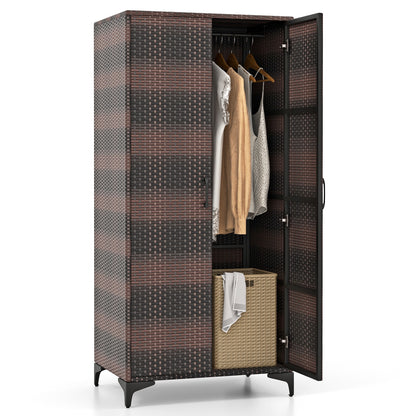 62 Inch Wicker Wardrobe with 2 Doors PE Rattan Closet with Hanging Rod, Brown Armoires & Wardrobes at Gallery Canada