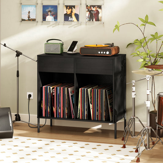Record Player Stand with Power Outlets Double Wide Turntable Stand Vinyl Record Storage Table, Black Cabinets & Chests Black at Gallery Canada