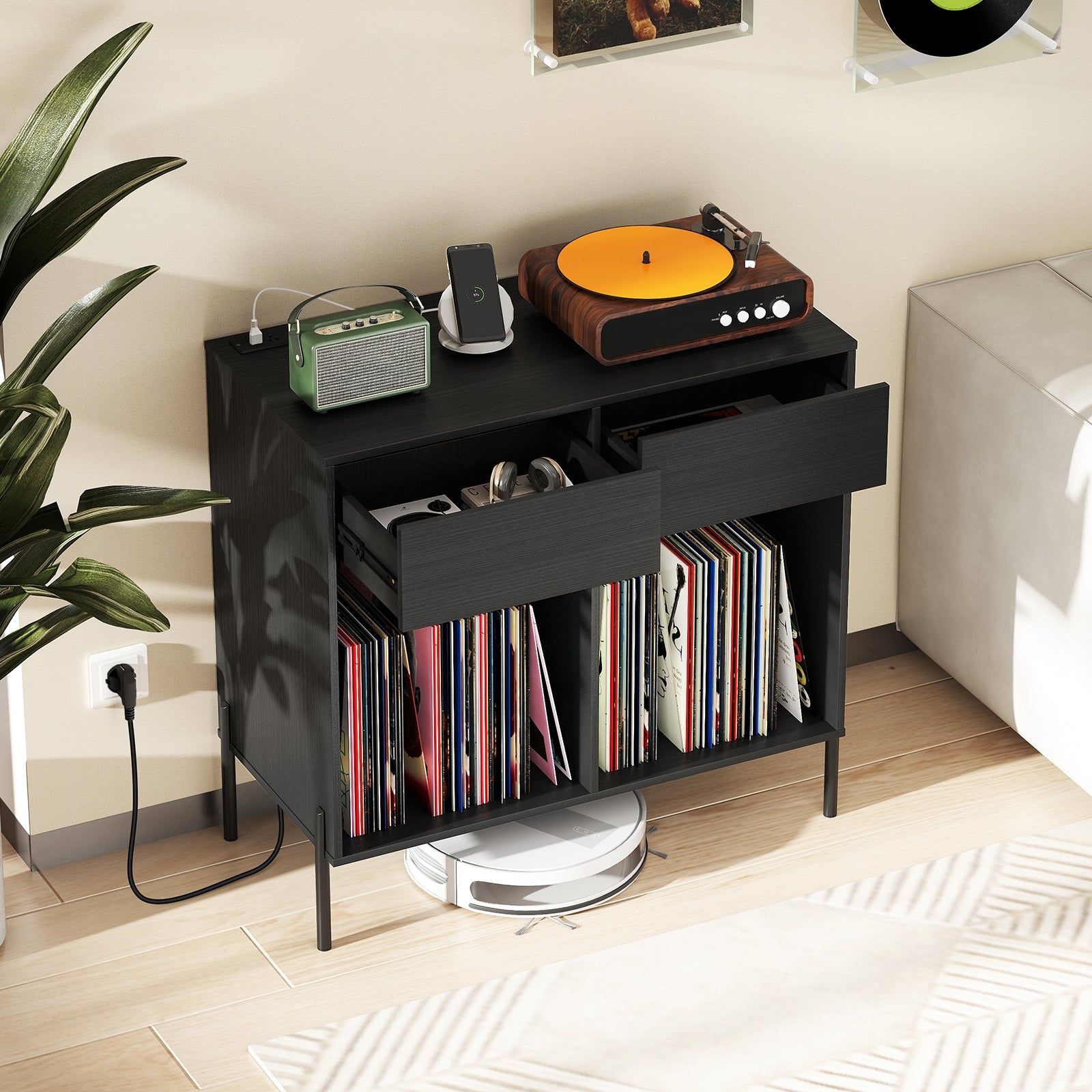 Record Player Stand with Power Outlets Double Wide Turntable Stand Vinyl Record Storage Table, Black Cabinets & Chests at Gallery Canada