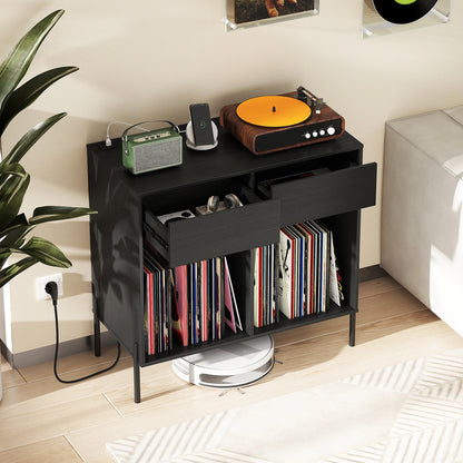 Record Player Stand with Power Outlets Double Wide Turntable Stand Vinyl Record Storage Table, Black Cabinets & Chests at Gallery Canada