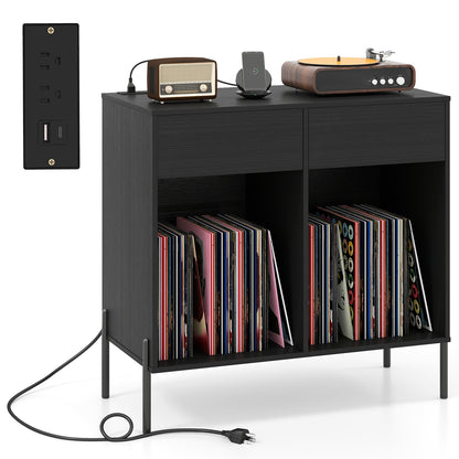 Record Player Stand with Power Outlets Double Wide Turntable Stand Vinyl Record Storage Table, Black Cabinets & Chests at Gallery Canada