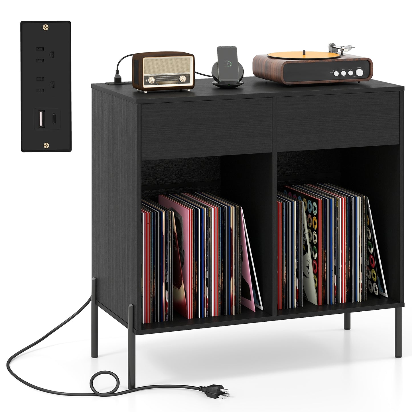 Record Player Stand with Power Outlets Double Wide Turntable Stand Vinyl Record Storage Table, Black Cabinets & Chests Black at Gallery Canada