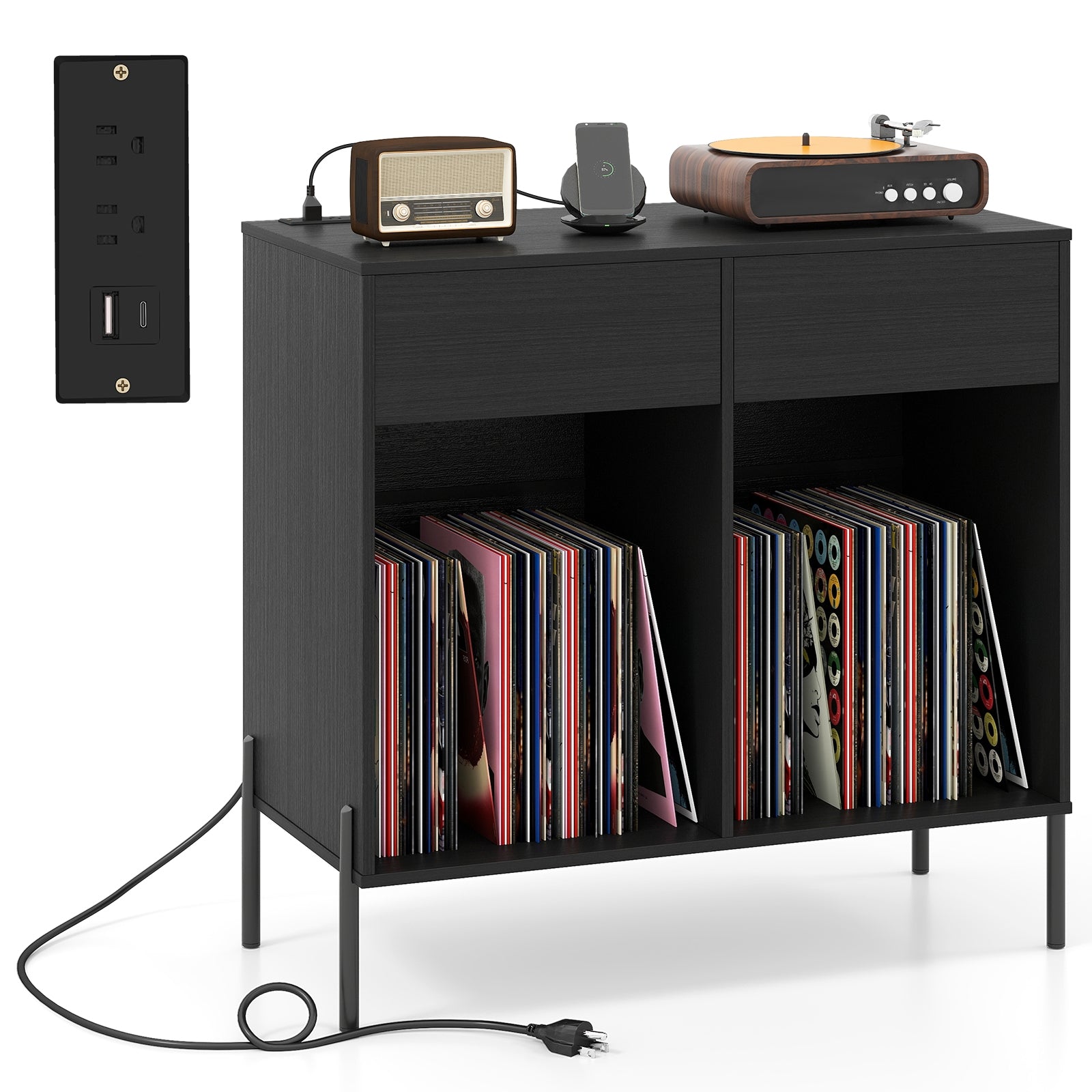 Record Player Stand with Power Outlets Double Wide Turntable Stand Vinyl Record Storage Table, Black Cabinets & Chests Black at Gallery Canada