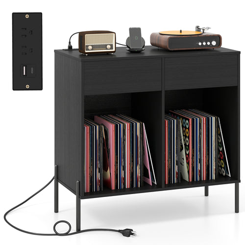 Record Player Stand with Power Outlets Double Wide Turntable Stand Vinyl Record Storage Table, Black