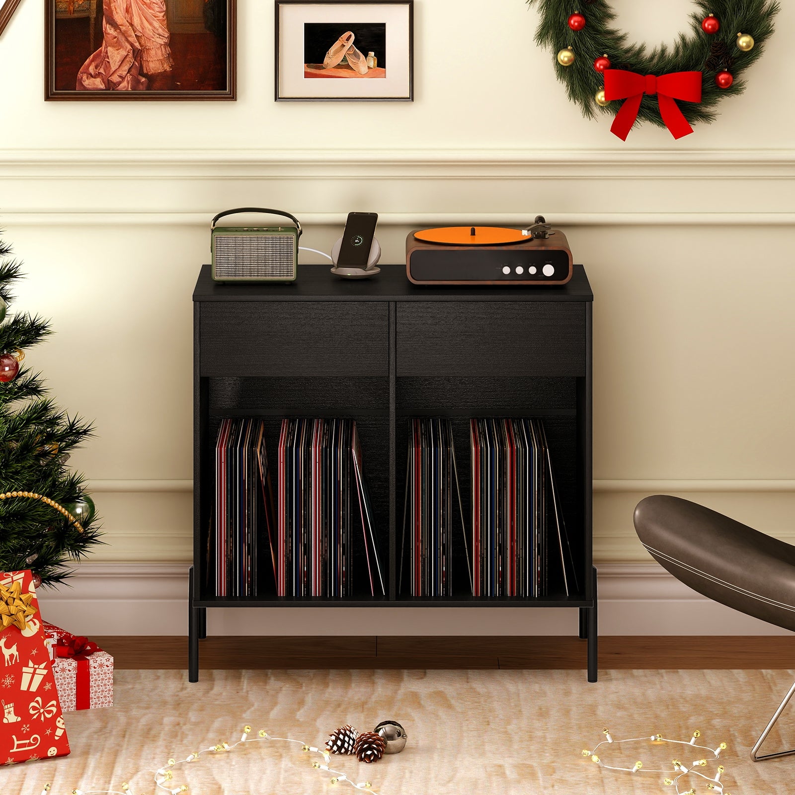 Record Player Stand with Power Outlets Double Wide Turntable Stand Vinyl Record Storage Table, Black Cabinets & Chests at Gallery Canada