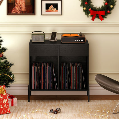 Record Player Stand with Power Outlets Double Wide Turntable Stand Vinyl Record Storage Table, Black Cabinets & Chests at Gallery Canada