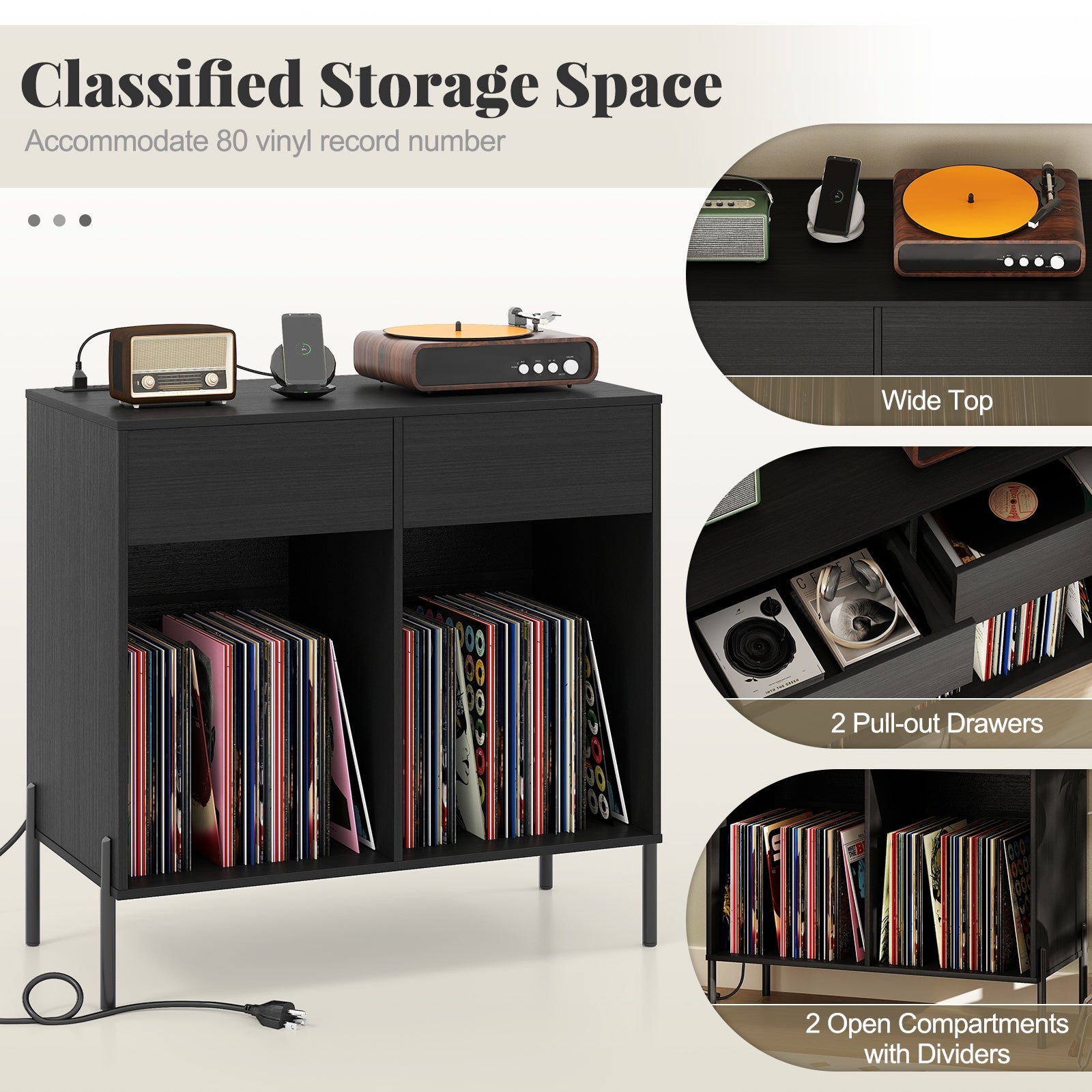 Record Player Stand with Power Outlets Double Wide Turntable Stand Vinyl Record Storage Table, Black Cabinets & Chests at Gallery Canada