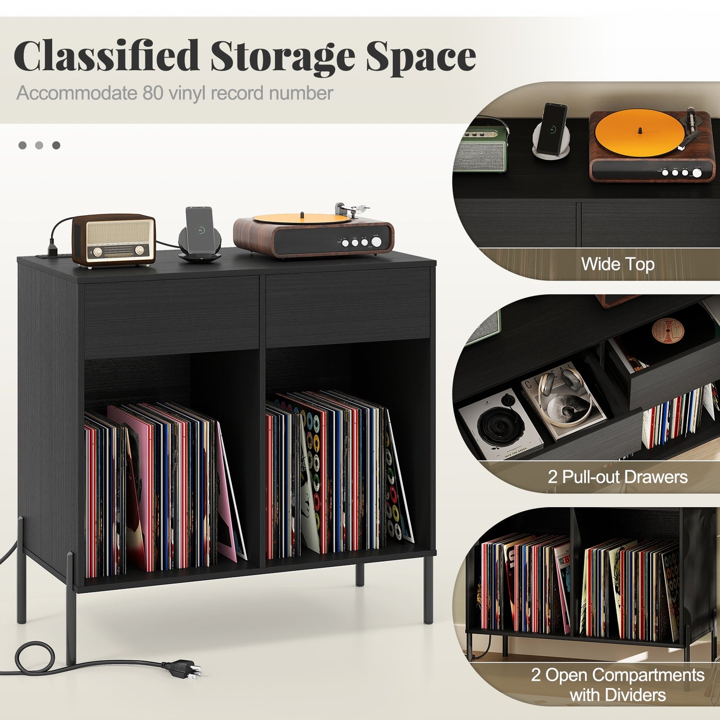 Record Player Stand with Power Outlets Double Wide Turntable Stand Vinyl Record Storage Table, Black Cabinets & Chests at Gallery Canada