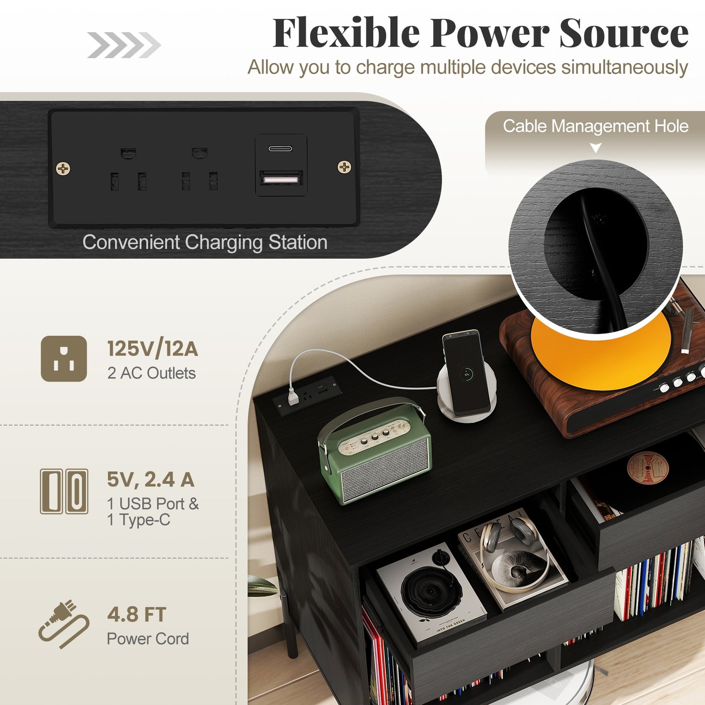 Record Player Stand with Power Outlets Double Wide Turntable Stand Vinyl Record Storage Table, Black Cabinets & Chests at Gallery Canada