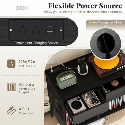 Record Player Stand with Power Outlets Double Wide Turntable Stand Vinyl Record Storage Table, Black Cabinets & Chests at Gallery Canada