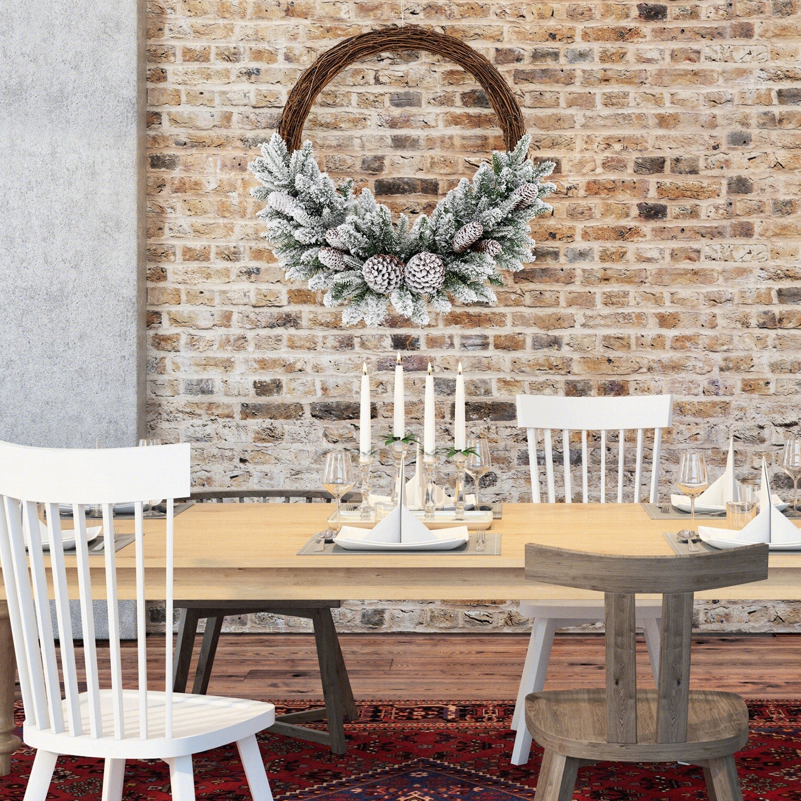 Pre-lit Snow Flocked Artificial Christmas Wreath with 8 Pine Cones and 35 LED Lights, Multicolor Christmas Decor & Accessories at Gallery Canada