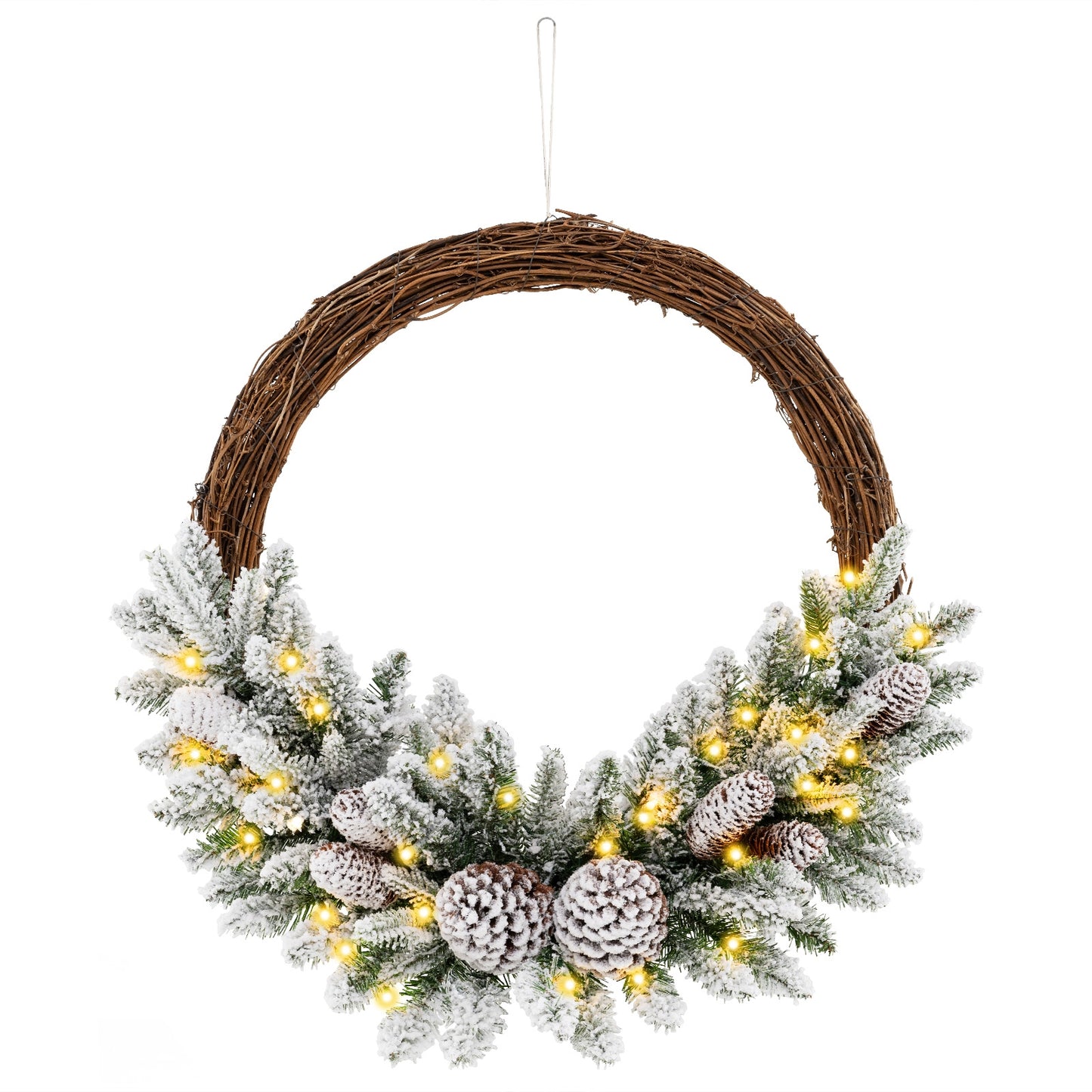 Pre-lit Snow Flocked Artificial Christmas Wreath with 8 Pine Cones and 35 LED Lights, Multicolor Christmas Decor & Accessories at Gallery Canada