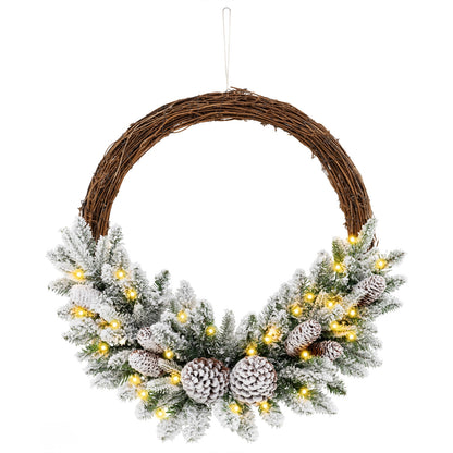 Pre-lit Snow Flocked Artificial Christmas Wreath with 8 Pine Cones and 35 LED Lights, Multicolor Christmas Decor & Accessories at Gallery Canada