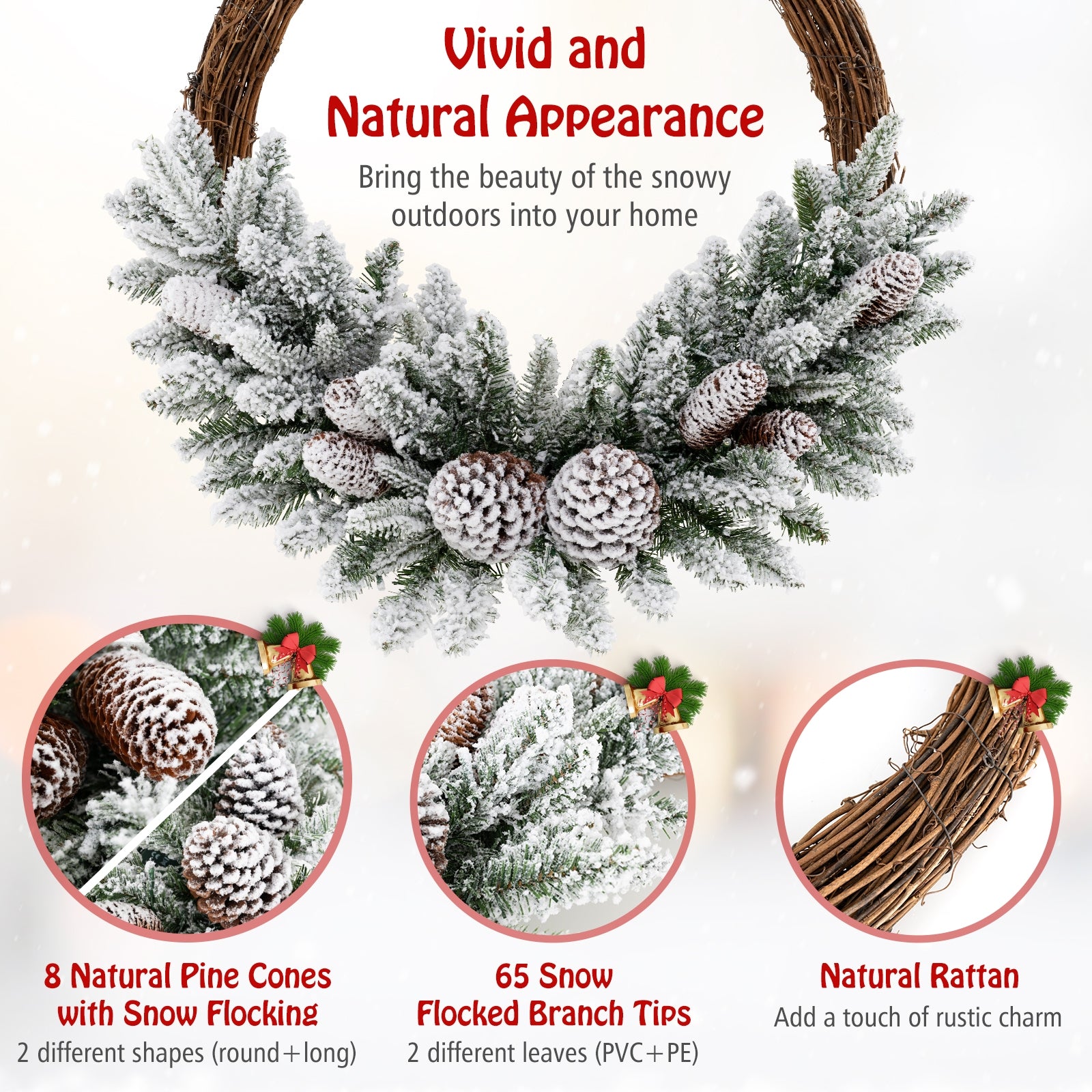 Pre-lit Snow Flocked Artificial Christmas Wreath with 8 Pine Cones and 35 LED Lights, Multicolor Christmas Decor & Accessories at Gallery Canada