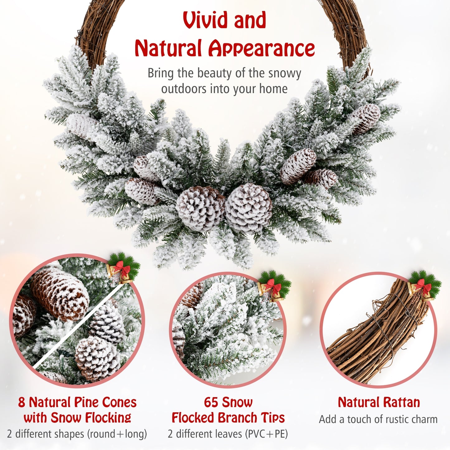 Pre-lit Snow Flocked Artificial Christmas Wreath with 8 Pine Cones and 35 LED Lights, Multicolor Christmas Decor & Accessories at Gallery Canada
