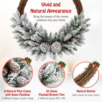 Pre-lit Snow Flocked Artificial Christmas Wreath with 8 Pine Cones and 35 LED Lights, Multicolor Christmas Decor & Accessories at Gallery Canada