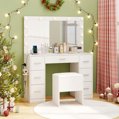 43.5-Inch Vanity Desk with Mirror and Lights for Bedroom, White