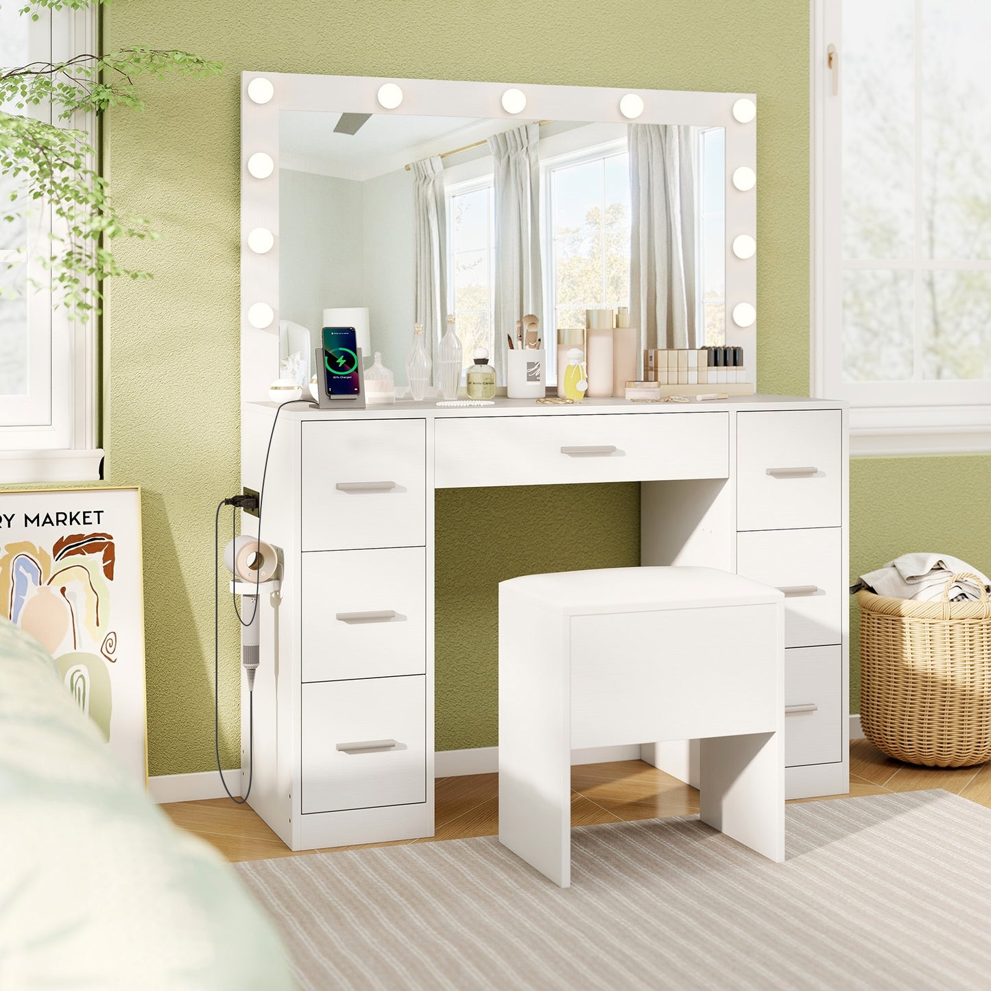 43.5-Inch Vanity Desk with Mirror and Lights for Bedroom, White Makeup Vanities at Gallery Canada