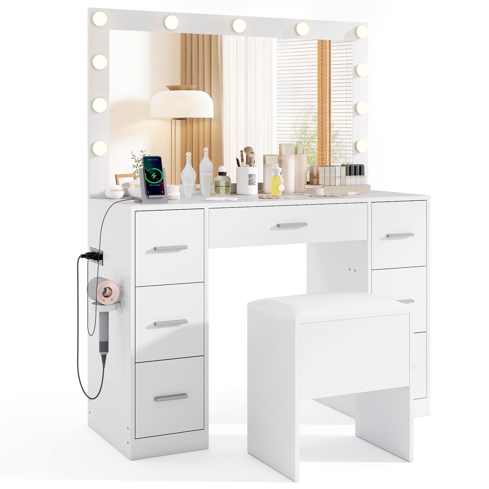 43.5-Inch Vanity Desk with Mirror and Lights for Bedroom, White Makeup Vanities White at Gallery Canada
