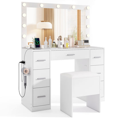 43.5-Inch Vanity Desk With Mirror, Lights, White Makeup Vanities White at Gallery Canada
