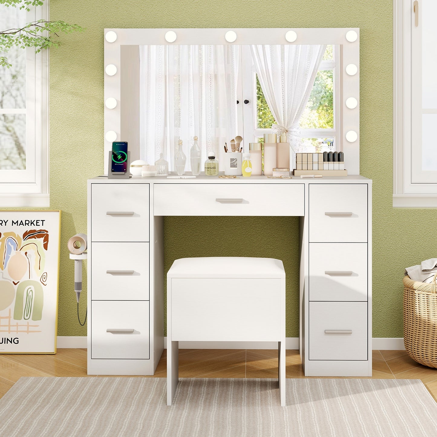 43.5-Inch Vanity Desk with Mirror and Lights for Bedroom, White Makeup Vanities at Gallery Canada