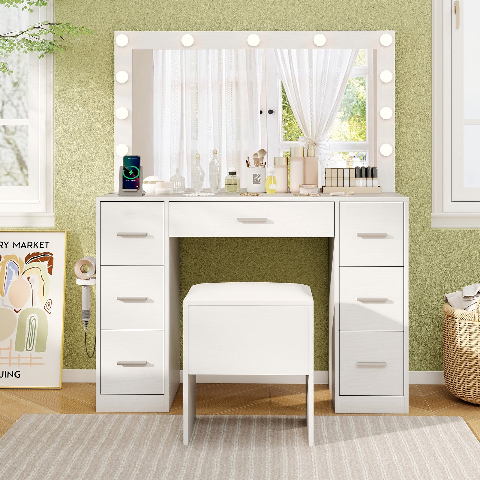 43.5-Inch Vanity Desk with Mirror and Lights for Bedroom, White Makeup Vanities at Gallery Canada