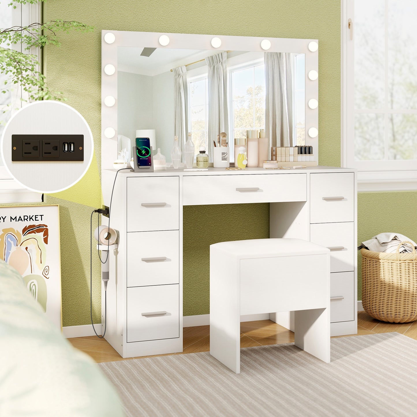 43.5-Inch Vanity Desk with Mirror and Lights for Bedroom, White Makeup Vanities at Gallery Canada