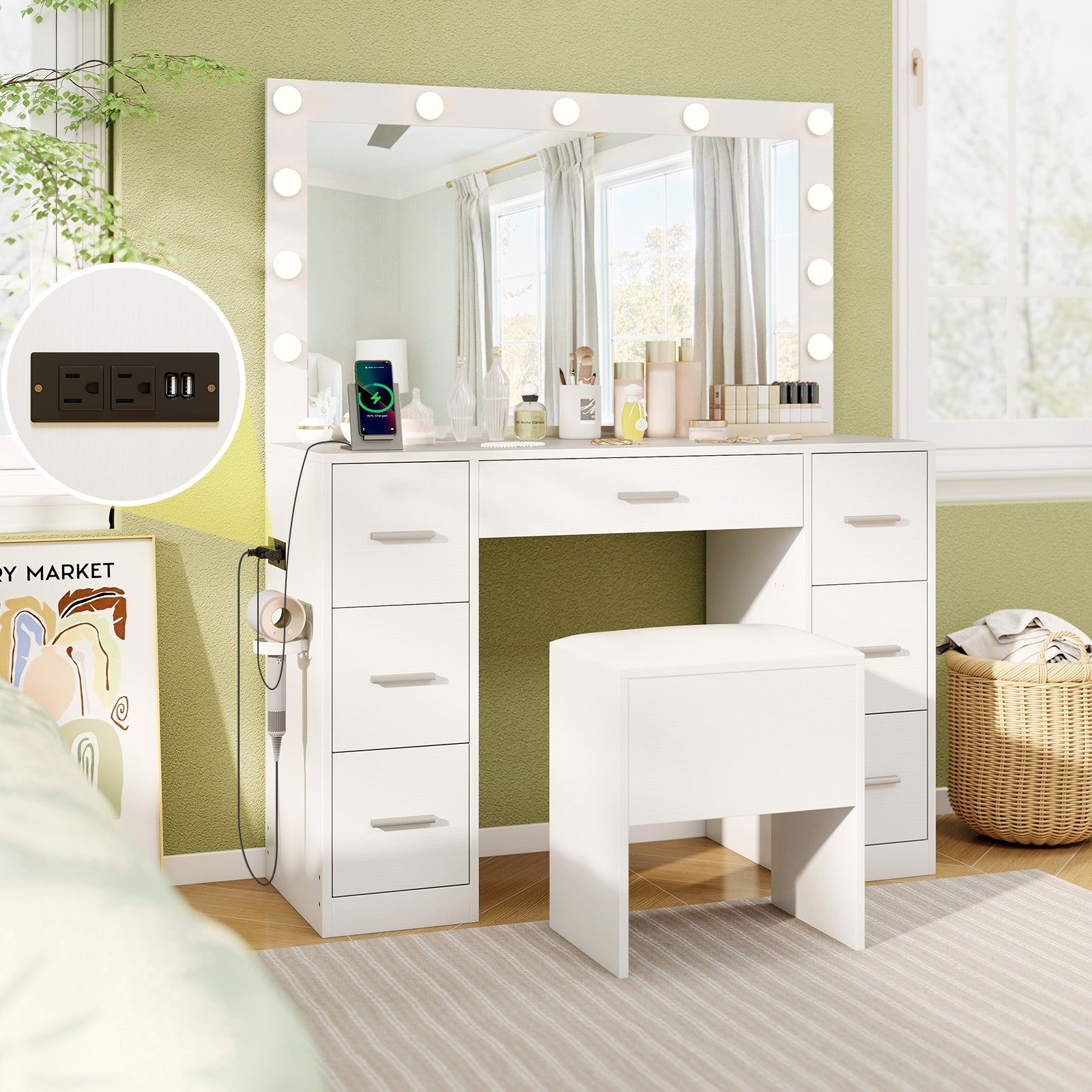 43.5-Inch Vanity Desk with Mirror and Lights for Bedroom, White Makeup Vanities at Gallery Canada