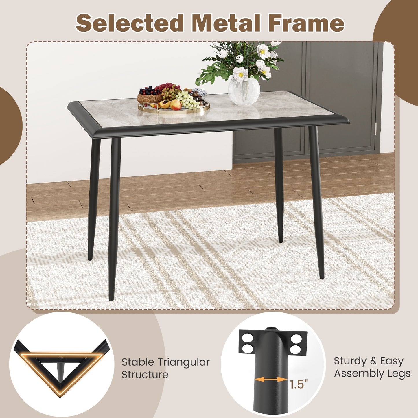 Sintered Stone Dining Table 44" Rectangular Kitchen Table with Metal Frame Indoor Modern Breakfast Table for Living Room Dining Room, Gray Dining Tables at Gallery Canada