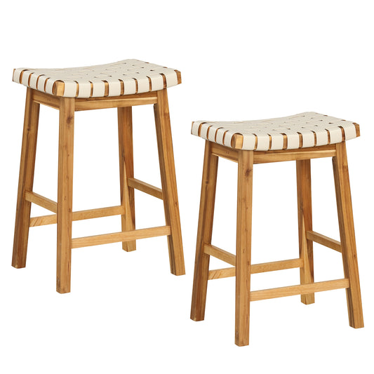 Faux PU Leather Bar Stools Set of 2 with Woven Curved Seat Natural-25.5 inches, Natural Bar Stools Set of 2 - 25.5 Inches at Gallery Canada