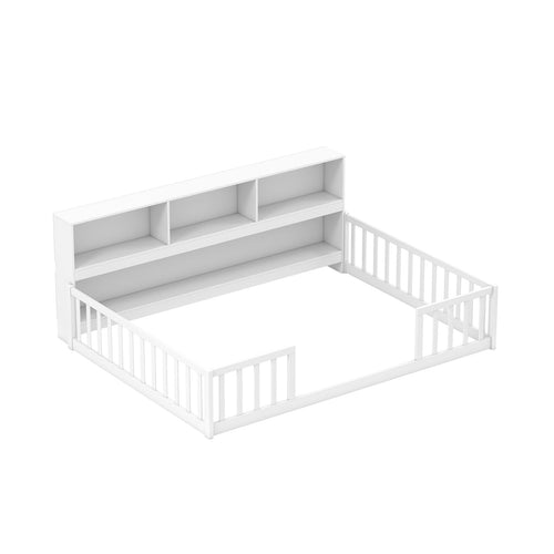 Full Size Montessori Floor Bed With Bookcase, White