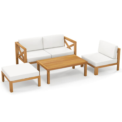 Ensemble de conversation extérieur 5 pièces, 3 chaises, pouf, table basse, blanc