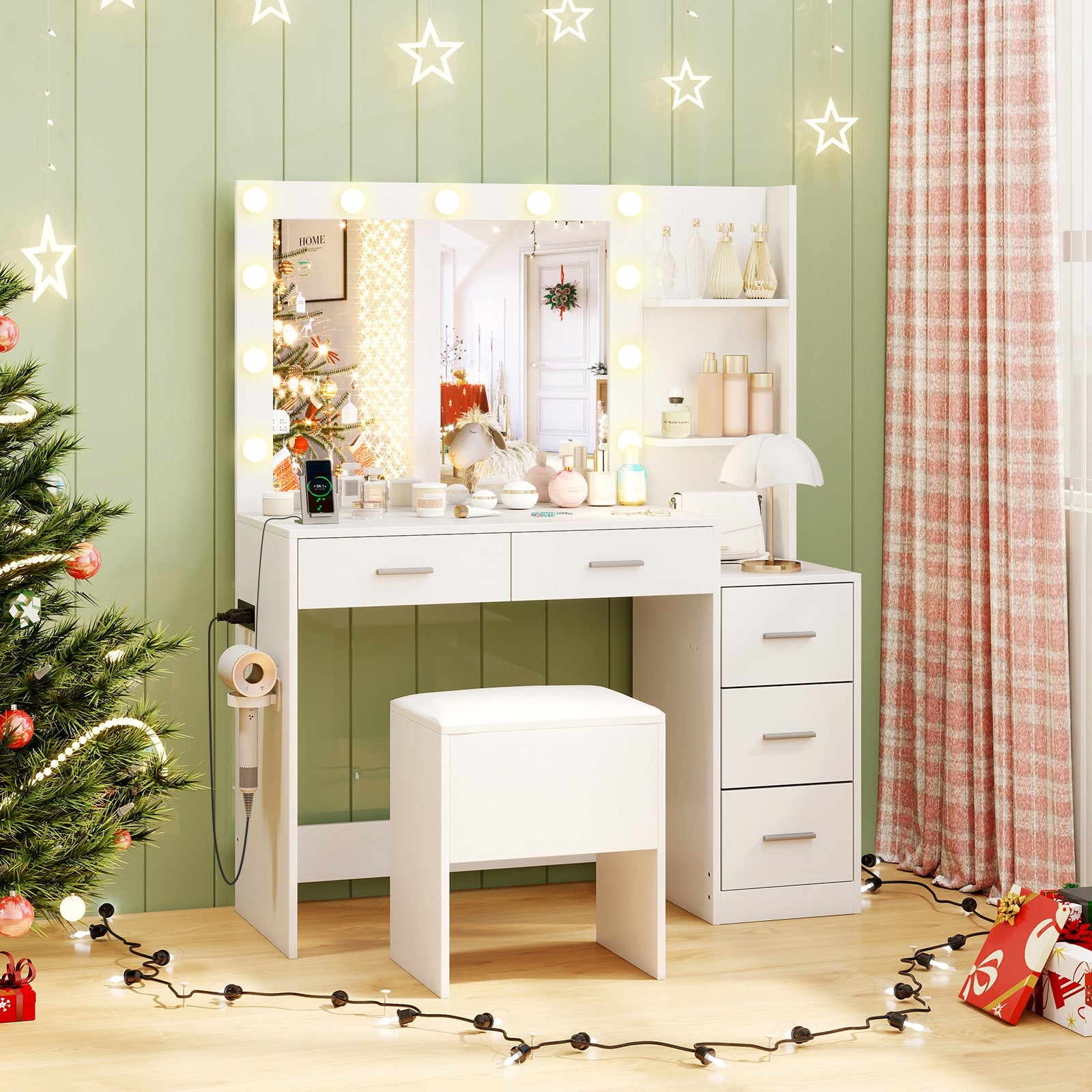 Makeup Table and Stool Set with Hair Dryer Stand, White Makeup Vanities at Gallery Canada