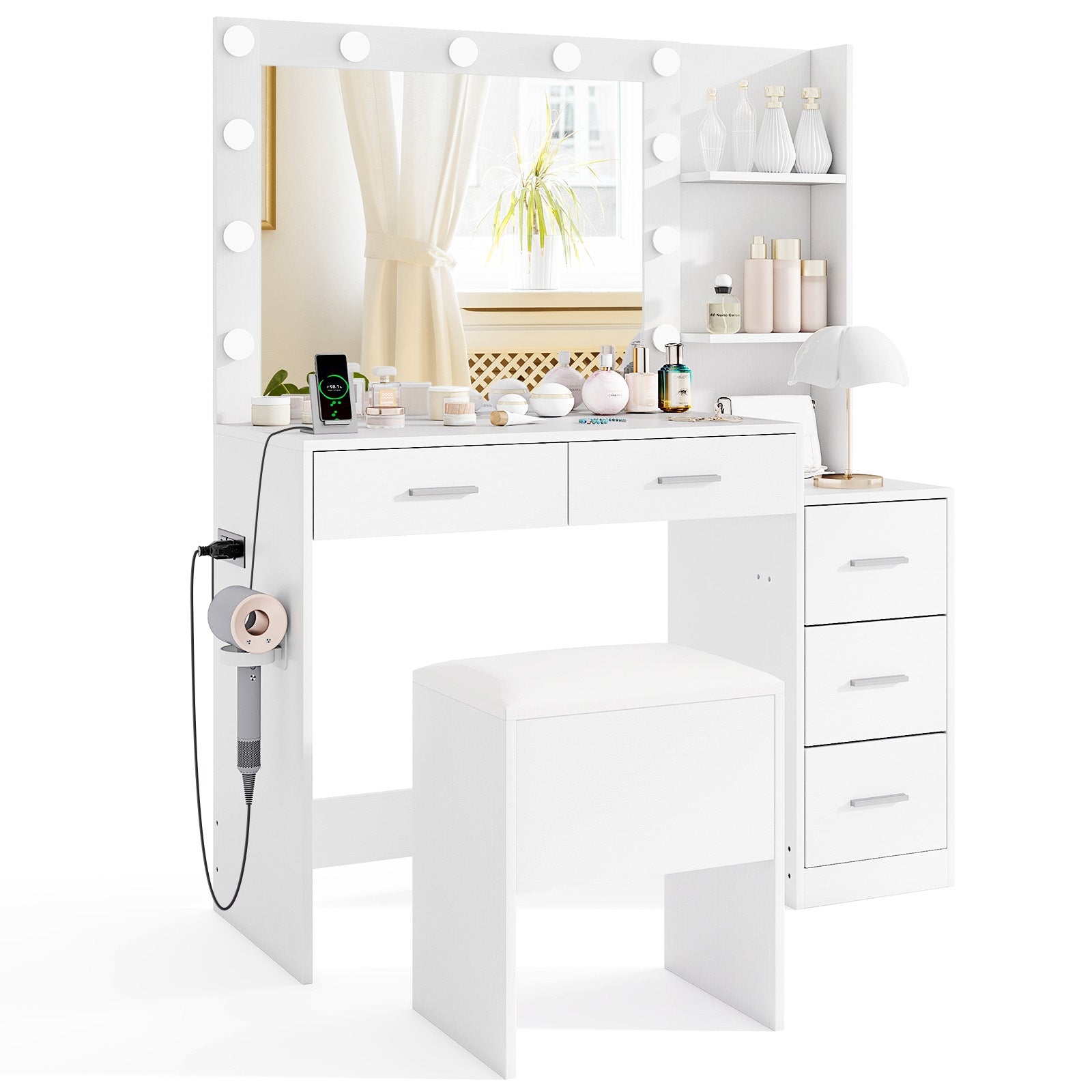 Makeup Table and Stool Set with Hair Dryer Stand, White Makeup Vanities White at Gallery Canada