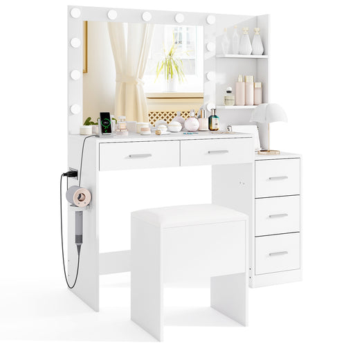 Makeup Table and Stool Set with Hair Dryer Stand, White
