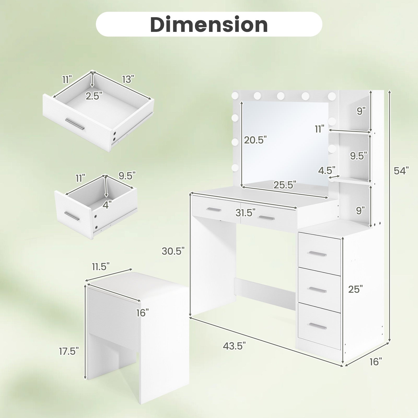 Makeup Table and Stool Set with Hair Dryer Stand, White Makeup Vanities at Gallery Canada