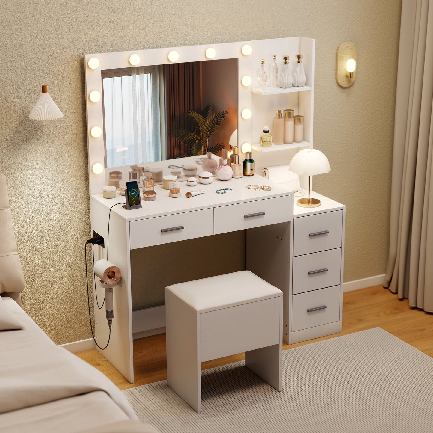 Makeup Table and Stool Set with Hair Dryer Stand, White Makeup Vanities at Gallery Canada