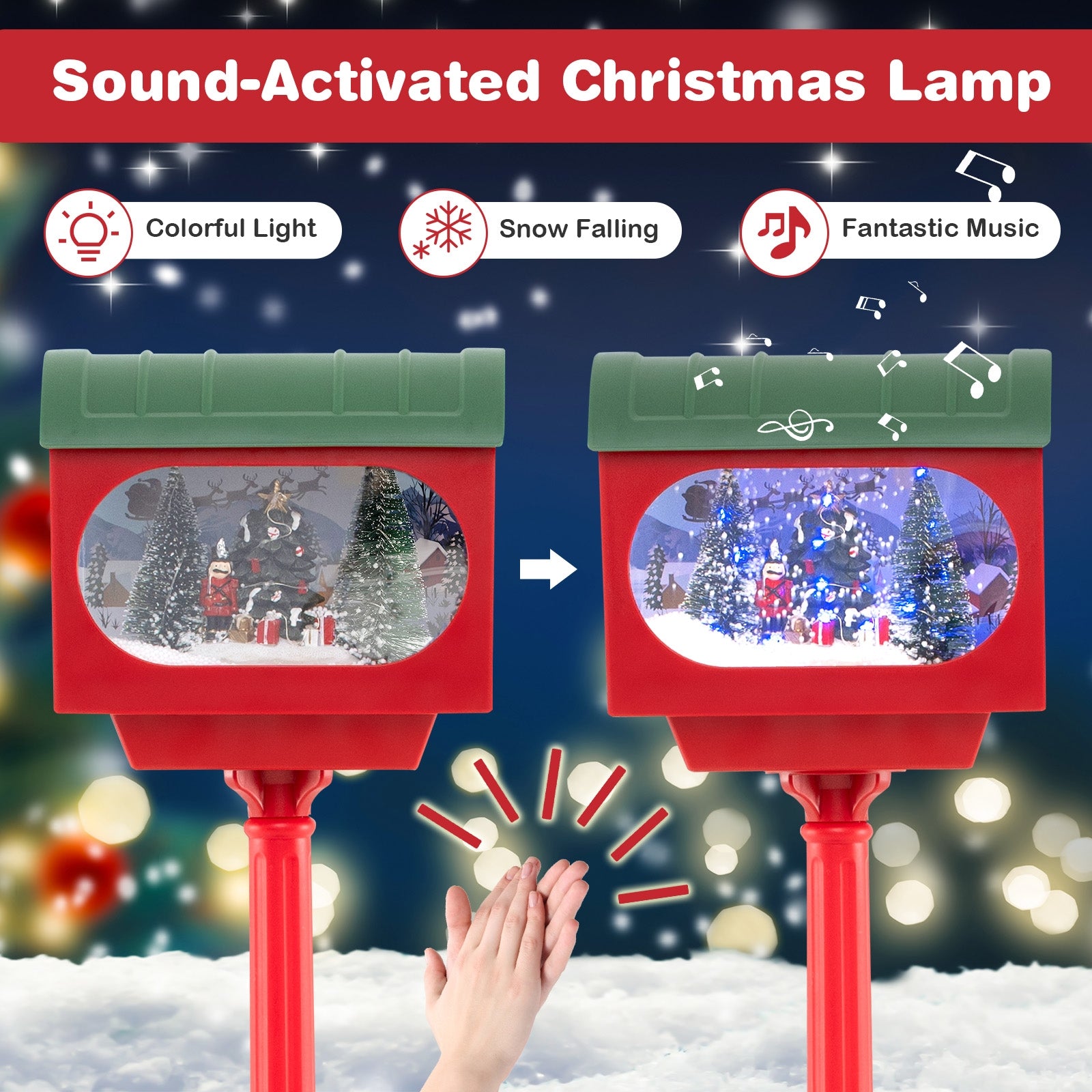 59 Inch Christmas Street Lamp With Sound-Activated Snow Globe Lantern, Red Christmas Decor & Accessories at Gallery Canada