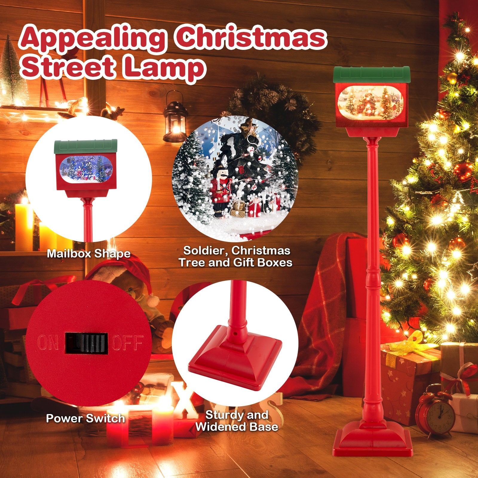 59 Inch Christmas Street Lamp With Sound-Activated Snow Globe Lantern, Red Christmas Decor & Accessories at Gallery Canada