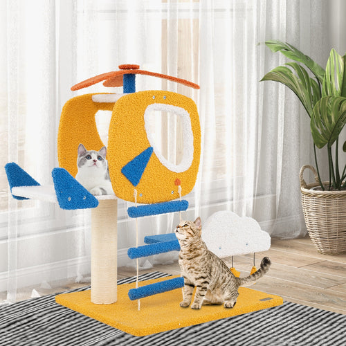 Indoor Small Aviation-themed Cat Tree Cat Tower with Helicopter Top Perch, Yellow