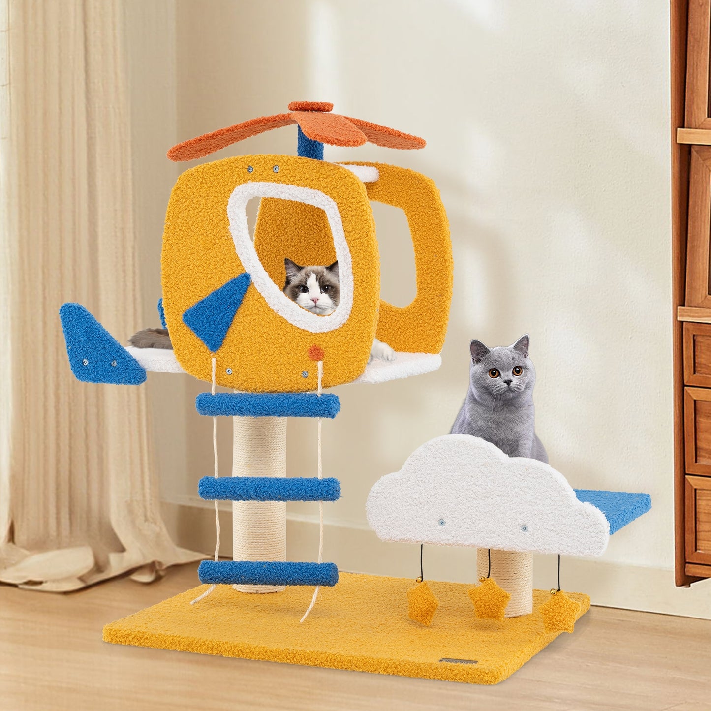 Indoor Small Aviation-themed Cat Tree Cat Tower with Helicopter Top Perch, Yellow Cat Trees Condos & Scratchers at Gallery Canada