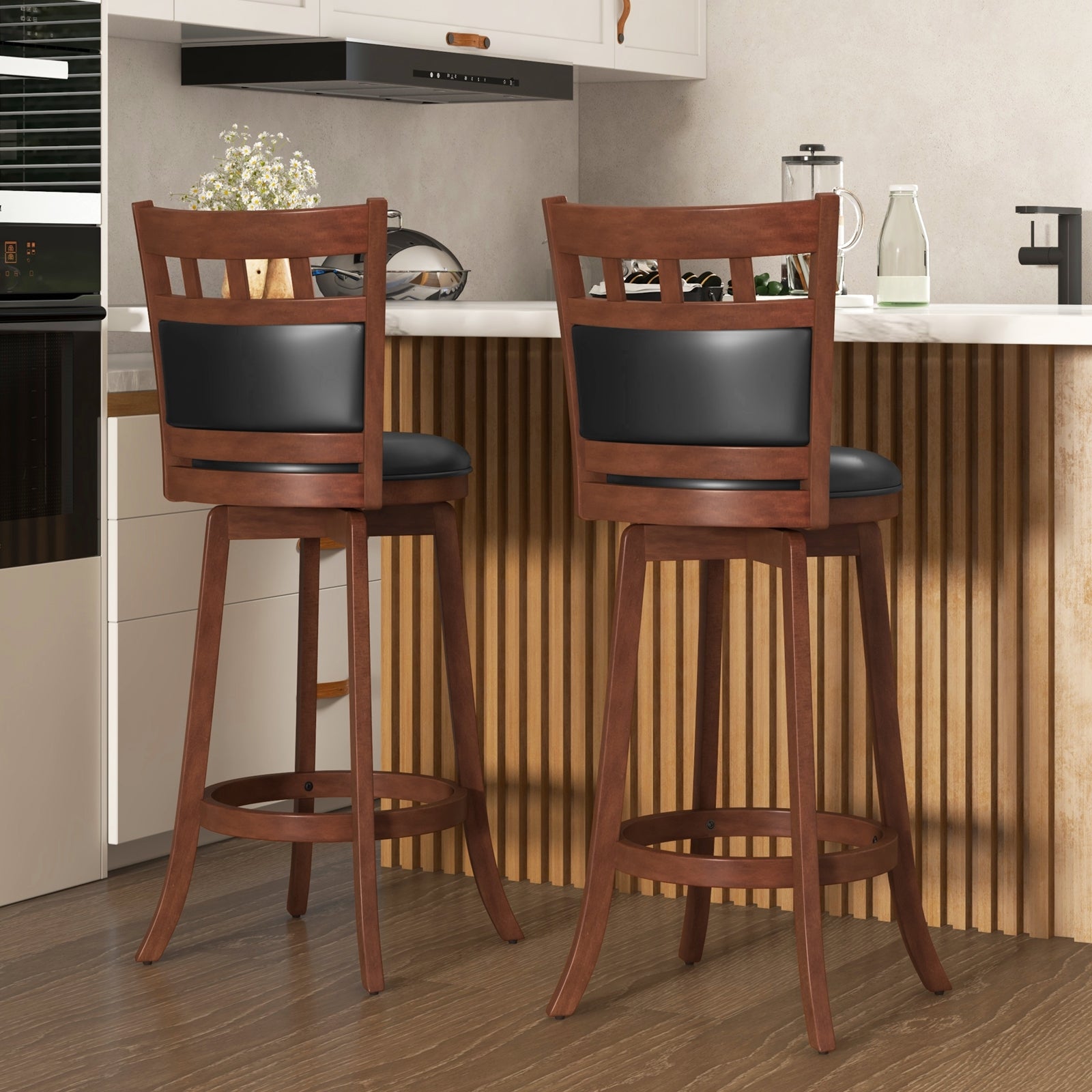 Wood Swivel Bar Stools Set of 2 with Faux Leather Upholstered Seat and Back, Brown Bar Stools at Gallery Canada