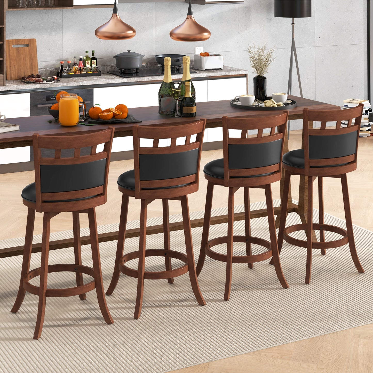 Wood Swivel Bar Stools Set of 2 with Faux Leather Upholstered Seat and Back, Brown Bar Stools at Gallery Canada