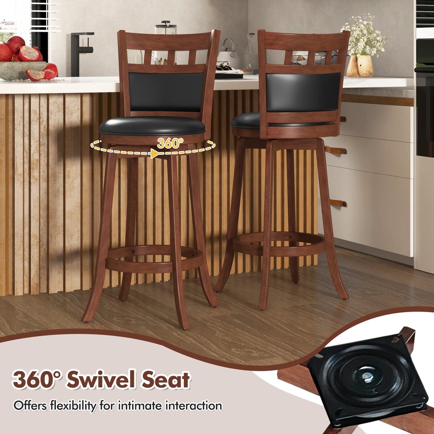 Wood Swivel Bar Stools Set of 2 with Faux Leather Upholstered Seat and Back, Brown Bar Stools at Gallery Canada