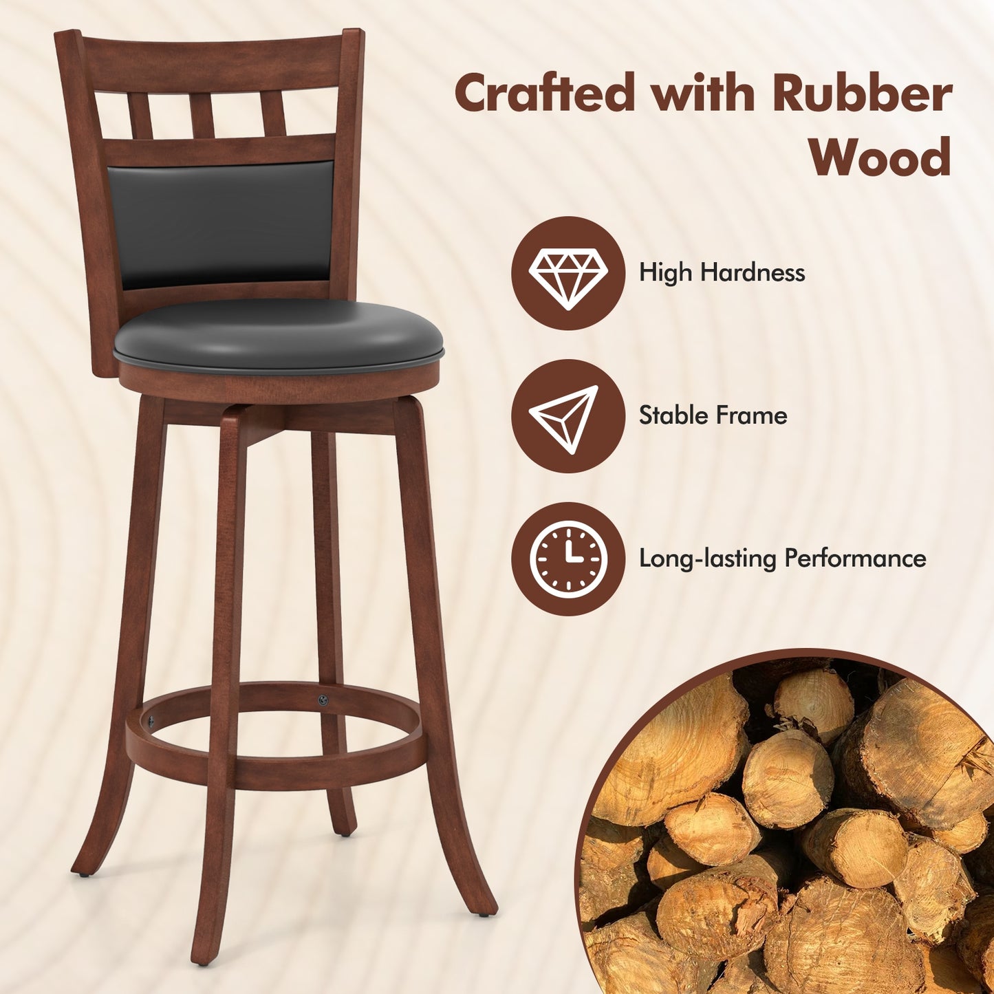 Wood Swivel Bar Stools Set of 2 with Faux Leather Upholstered Seat and Back, Brown Bar Stools at Gallery Canada