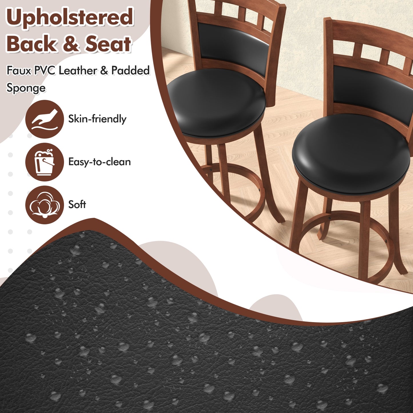 Wood Swivel Bar Stools Set of 2 with Faux Leather Upholstered Seat and Back, Brown Bar Stools at Gallery Canada